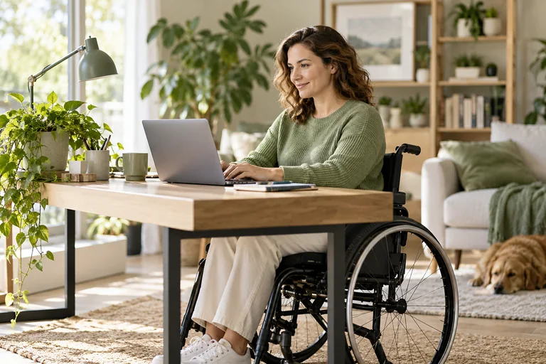 Professional using a wheelchair working at an accessible home desk