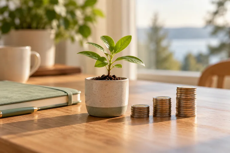 Seedling beside ascending stacks of coins and a sage notebook