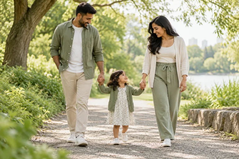 Parents walking hand in hand with their child in a leafy park