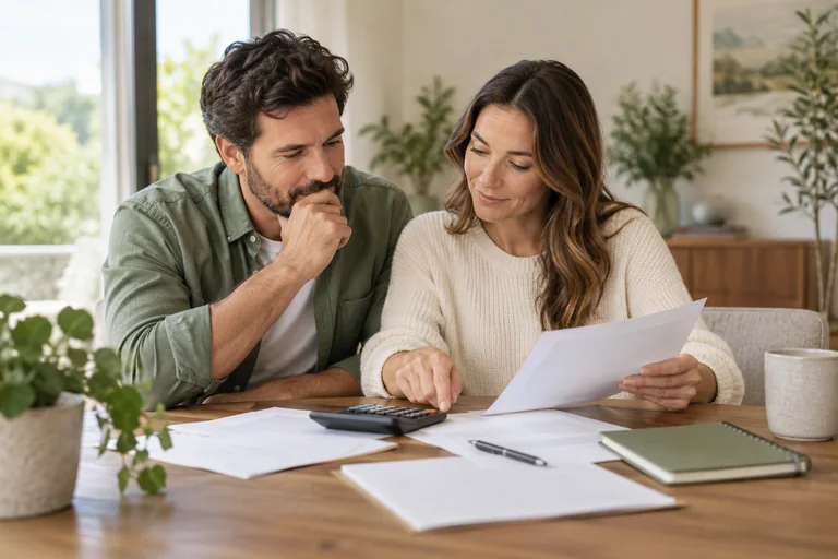 Two adults reviewing a repayment plan with a calculator