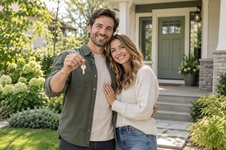 Couple holding a house key outside their new home
