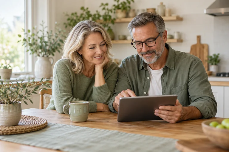 Mature couple completing an application together on a tablet