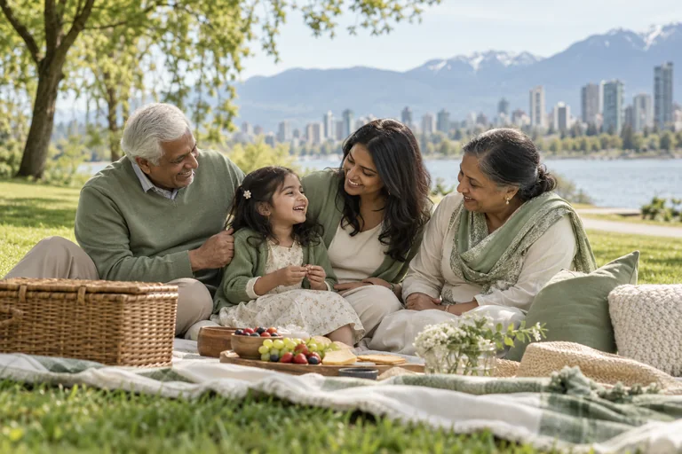 Grandparents sharing a picnic with their daughter and grandchild