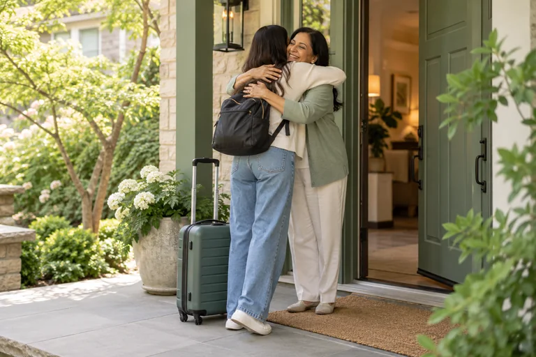 Visitor with luggage warmly greeting a relative at home